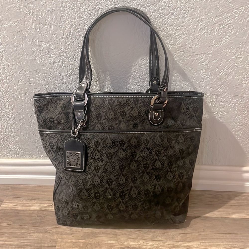 Anne Klein black and grey tote with lion logo print